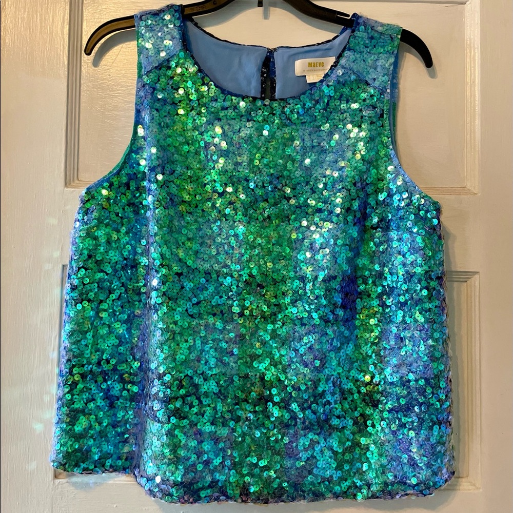Maeve Amatheia Sequin Top, Size 8, Green Motif